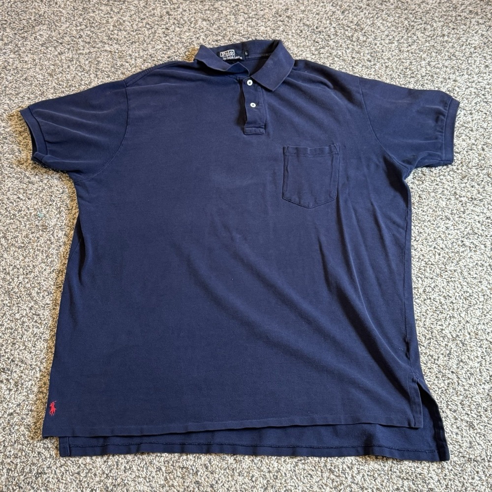 vtg USA MADE Polo Ralph Lauren Men L Solid Navy Blue Shirt Short Sleeve Red Pony